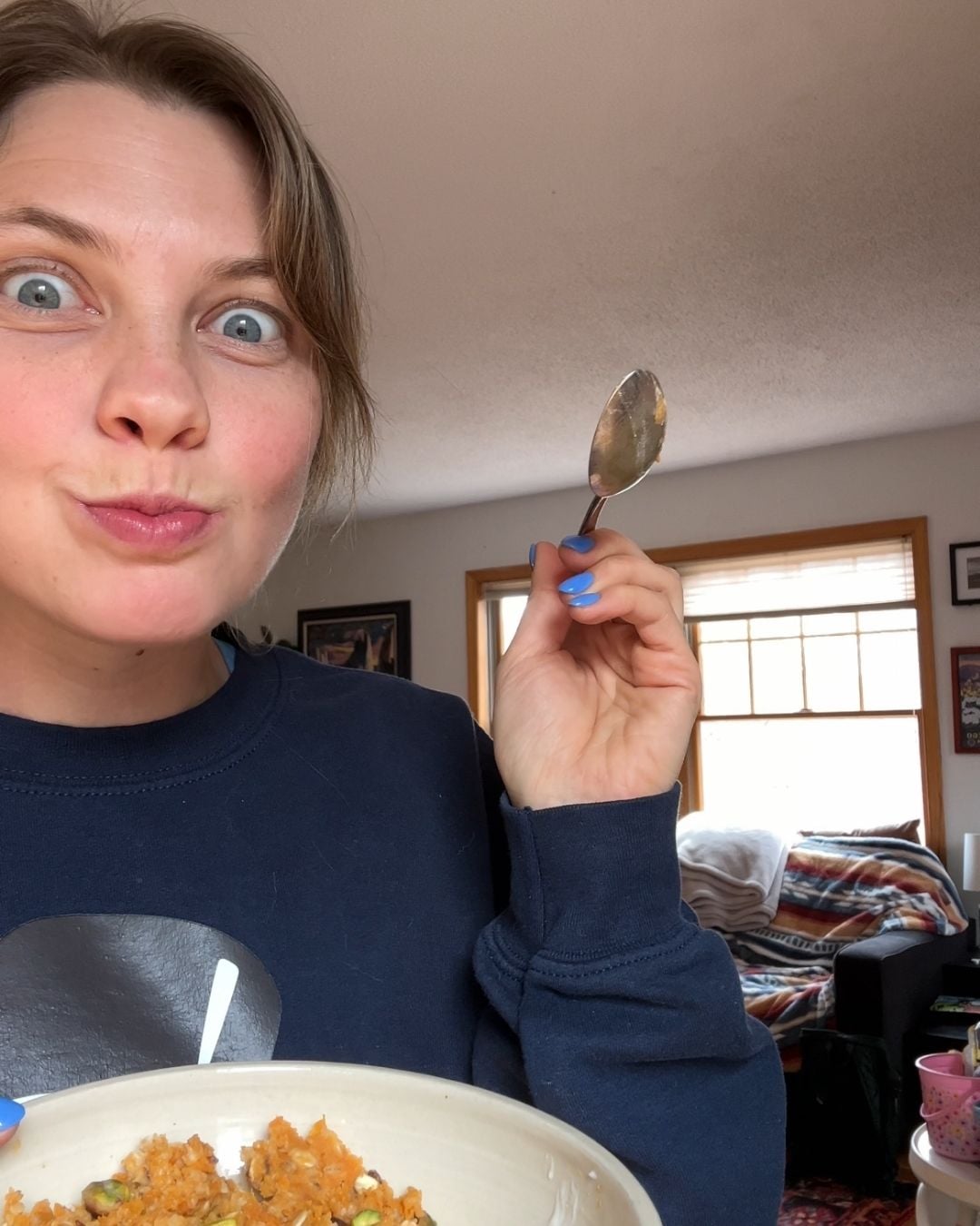 Mika eating the scrambled oats.