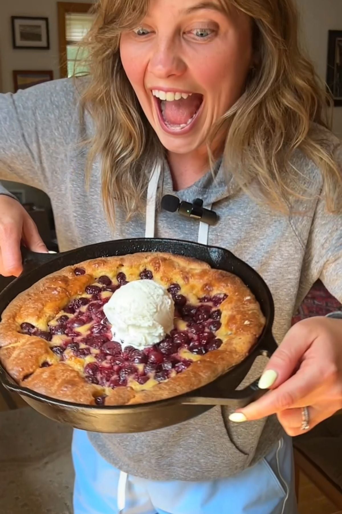 Mika holding the protein cherry cobbler.