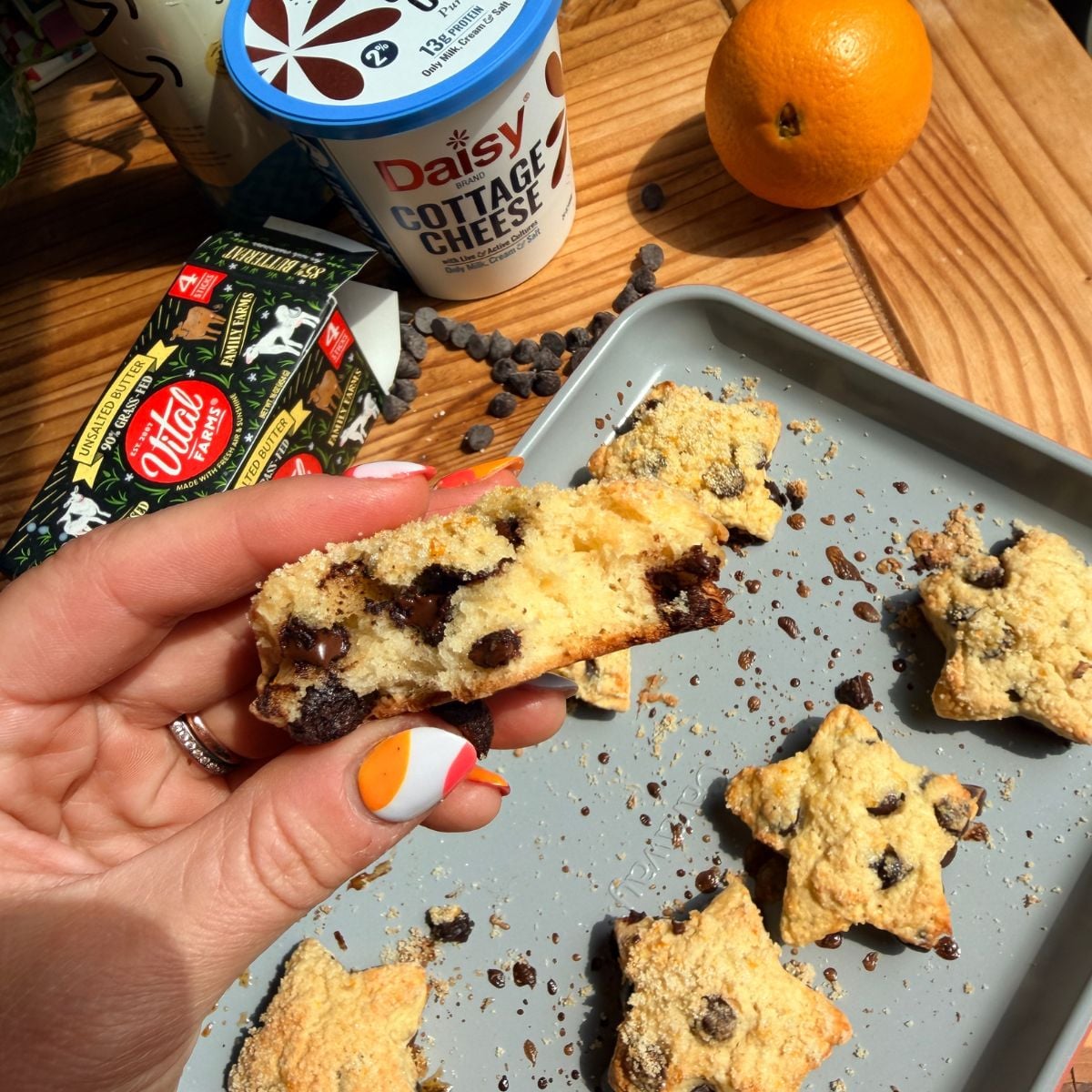 A hand holding a chocolate chip scone with a bite taken out of it.
