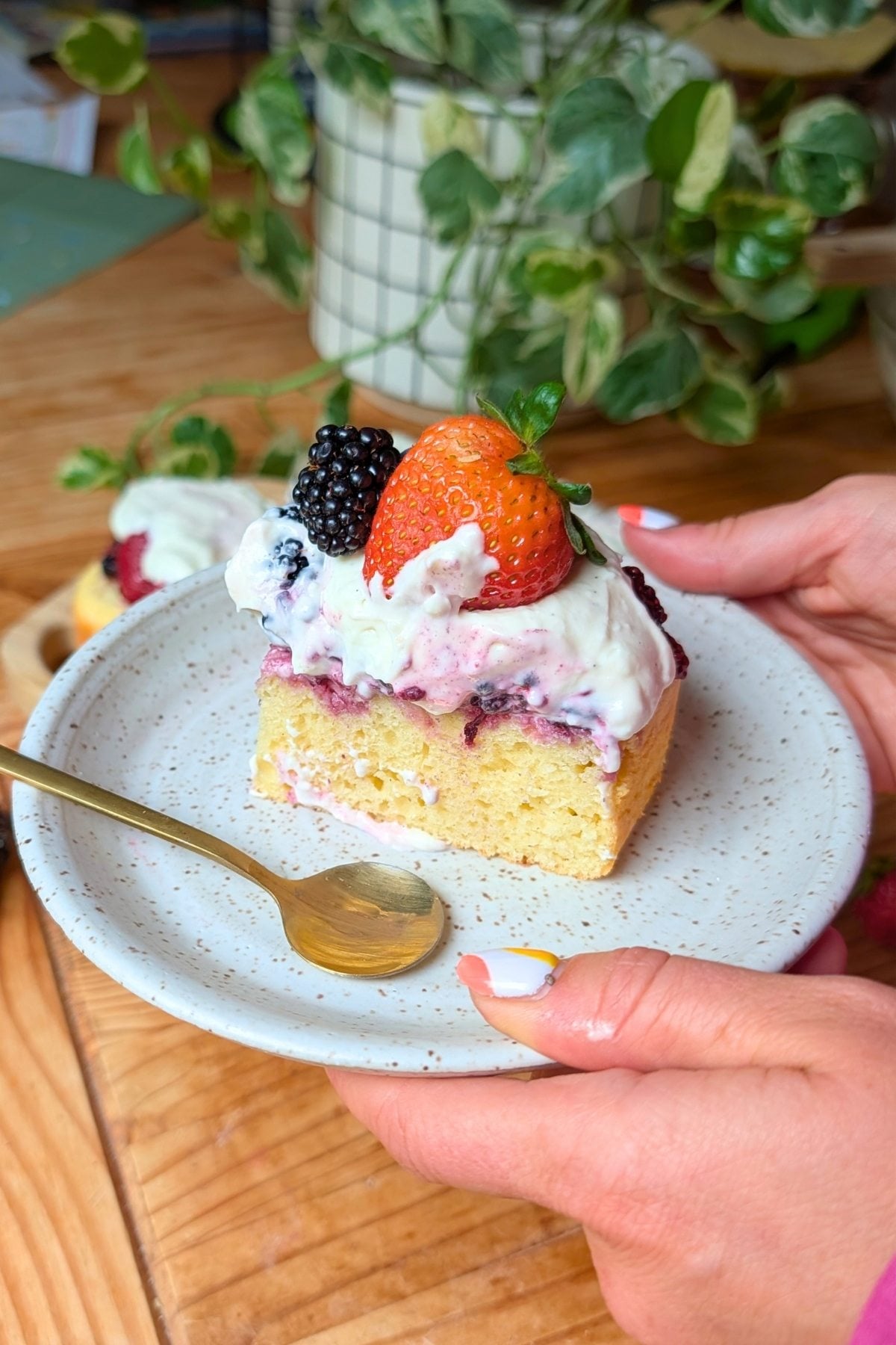 Hands holding a plate with a slice of Chantilly cake with frosting and berries on top.