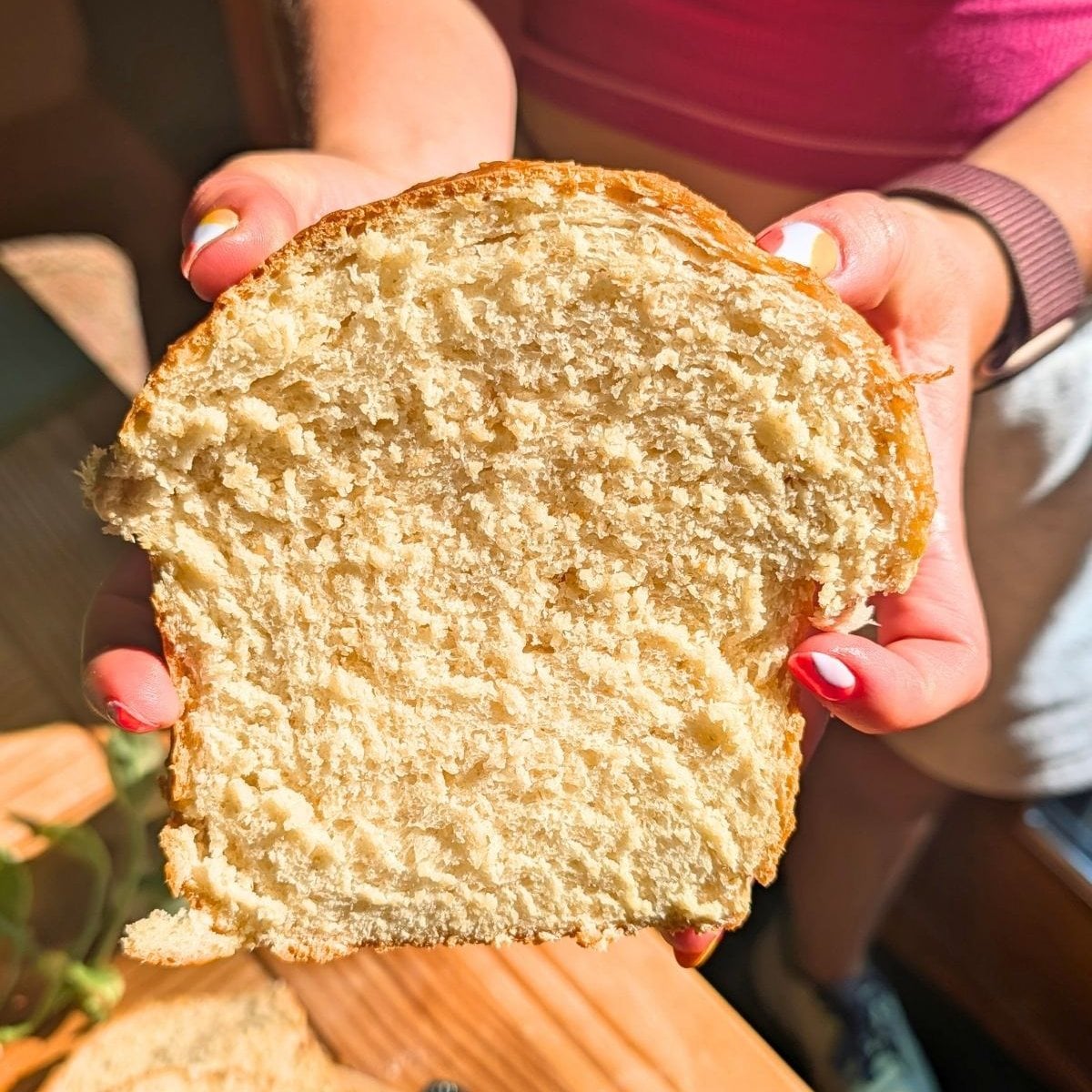Hands holding a piece of honey oat bread.