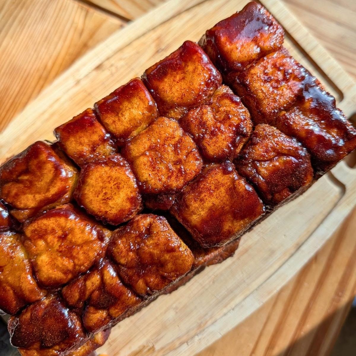Monkey bread flipped over to show the caramelized bottom.