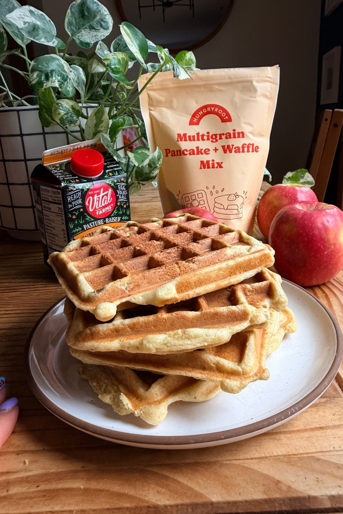 A stack of apple protein waffles.