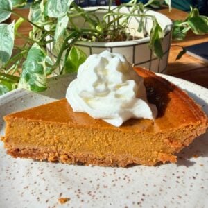A piece of cottage cheese pumpkin pie on a white plate.