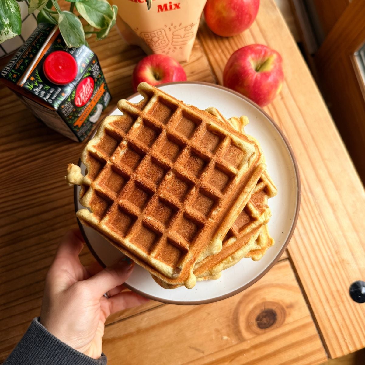 A plate with apple protein waffles.