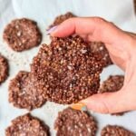 A hand holding a round chocolate quinoa crisp.